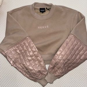 Herve by Herve Leger Women's Beige Quilted Sleeve Cropped Sweatshirt
